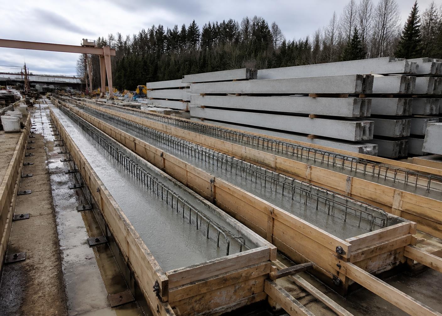 Betongbjelkar støypte i treforskaling på ein produksjonsplass, ferdige bjelkar stabla i bakgrunnen